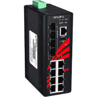 12 port Industrial Gigabit Ethernet switch with 8x 10/100/1000MBit/s 1000Base-T RJ45 ports and 1x dual speed SFP slot. RSTP/MSTP, G.8032 ERPS, management web, console, IGMP, QOS, CoS/ToS, VLAN, SNMP, eMail alarm. Rugged metal case dimensions WxHxD 54x142x99mm, input voltage 48V..55V DC redundant, PoE PSE 48V:25W/port, 51..55V: 30W/port, consumption incl. PoE max. 215W, operating temperature see selection box, overload current protection, power reverse protection, approvals FCC Class A, CE, RoHS, UL (pending).