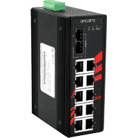 10 Gigabit Ethenet industrial switch with 2x 10GBit/s 10GBase SFP+ slot and 10x 10/100/1000MBit/s RJ-45 ports, 9216 Bytes Jumbo frame support, rugged metal case, dimensions WxHxD 54x142x99mm, redundant power, polarity reverse protection, overload current protection, high EFT and ESD protection, operating temperature -40°..+60°, input voltage 12V..48V DC, removable terminal block, consumption 16W, wall mounting and 35mm DIN rail mounting kit (both included in delivery).