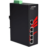 Industrial Fast Ethernet Switch mit 5x 10/100MBit/s 100Base-TX RJ-45 Ports, davon 4x High PoE (PoE+ PSE) nach IEEE 802.3at Standard. Eingangsspannung 12V..36V DC redundant, Stromverbrauch max. 145W. Robustes Metallgehäuse IP30, Abmessungen BxHxT 46x142x99mm, Reverse Polarity Protection, Overload Current Protection (träge Sicherung), Betriebstemperatur -10°..+70°C, 35mm DIN Hutschienenmontage, optional Wandmontage. Zertifizierungen FCC, CE, UL508. Antaira LNP-0500-24.