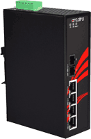 Fast Ethernet industrial switch with  4x 100Base-TX 10/100MBit/s RJ-45 high PoE ports (PoE+ according to IEEE 802.3at max. 30W /port) and 1x 100Base-FX 100MBit/s fiber optic port for SC connector, auto MDI/MDI-X, IP30, rugged metal case dimensions WxHxD 46x142x99mm, redundant power, polarity reverse protection, overload current protection, input voltage 12V..36V DC, removable terminal block, consumption: max. 145W, operating temperature see selection box, 35mm DIN rail mountable and wall mounting.