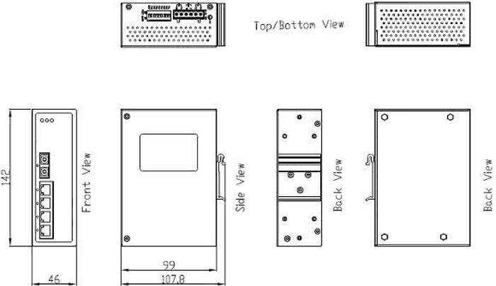 Maßzeichnung 12985015 24V DC Industrie 100Base PoE+ Switch 1x MM LWL 4x RJ-45 802.3at