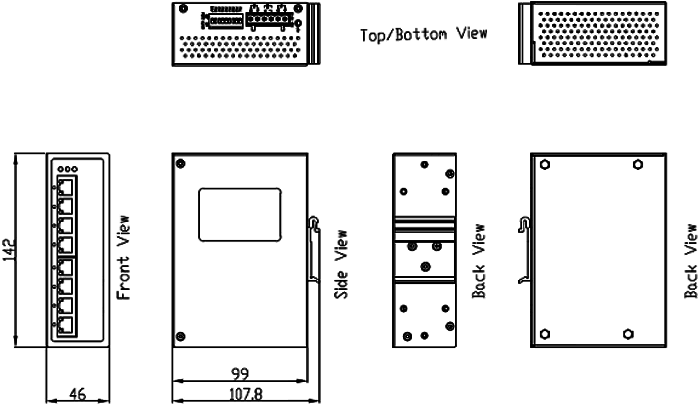 dimensional drawing 12988006 8 port industry PoE+ switch IN 24V DC OUT 8x IEEE 802.3at 30W