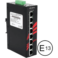 Industrial Ethernet E-Mark (E13) Switch mit 8x 10/100/1000MBit/s 1000Base-T RJ-45 High PoE Ports (PoE+ PSE) nach IEEE 802.3at Standard max. 30W /Port. Eingangsspannung 12V..36V DC redundant, Stromverbrauch max. 250W. Robustes Metallgehäuse IP30, Abmessungen BxHxT 26.1x144.3x94.9mm, Overload Current Protection, Betriebstemperatur s. Auswahlbox, 35mm DIN Hutschienenmontage, optional Wandmontage.