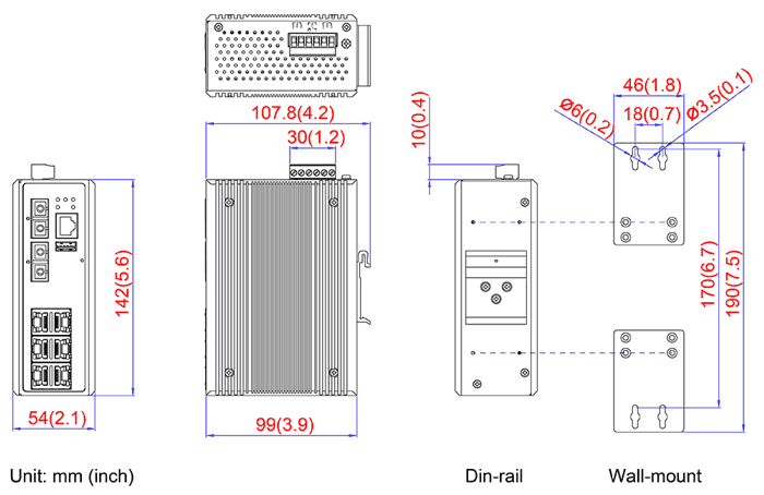 Maßzeichnung 12988021 Industrial Fast Ethernet Switch 6x RJ-45 2x LWL managed